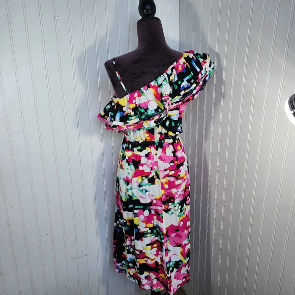 H&M Womens Dress sz 4 One Shoulder Bright Abstract Print Midi Ruffle Pink White - Picture 7 of 13
